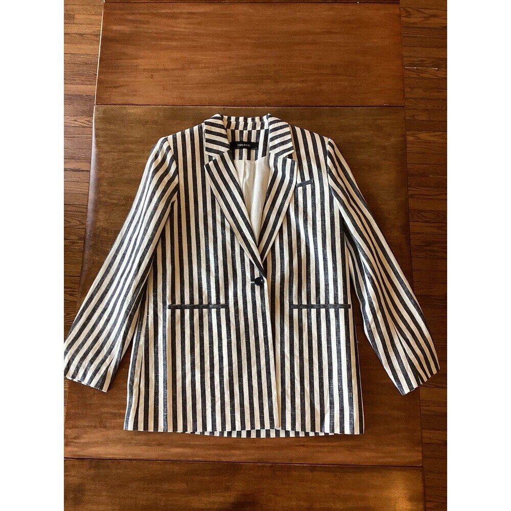 NEW ZARA Women's Blazer Jacket Navy Ivory Striped Retro Classic Preppy Sz Medium